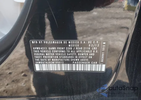 2012 Volkswagen Jetta 2.5L Se from USA, damaged, VIN 3VWDX7AJXCM105012